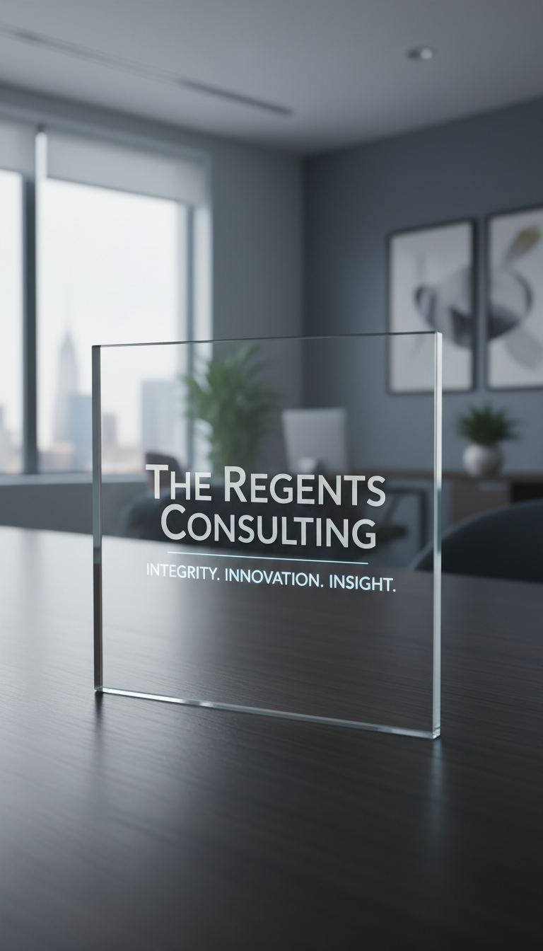 A stylish, professional glass surface with 'The Regents Consulting' etched or printed on it, conveying INTEGRITY. INNOVATION. INSIGHT. in a modern, trustworthy way. Office or corporate background. Emphasize clarity and sophistication.